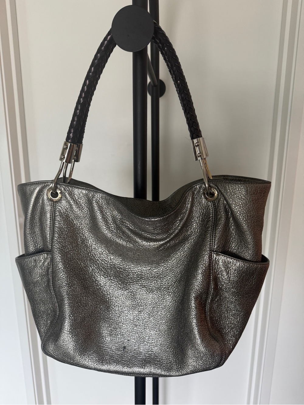 Michael Kors Skorpios Metallic Silver Leather Tote Bag Purse with Braided Handle - Picture 10 of 12